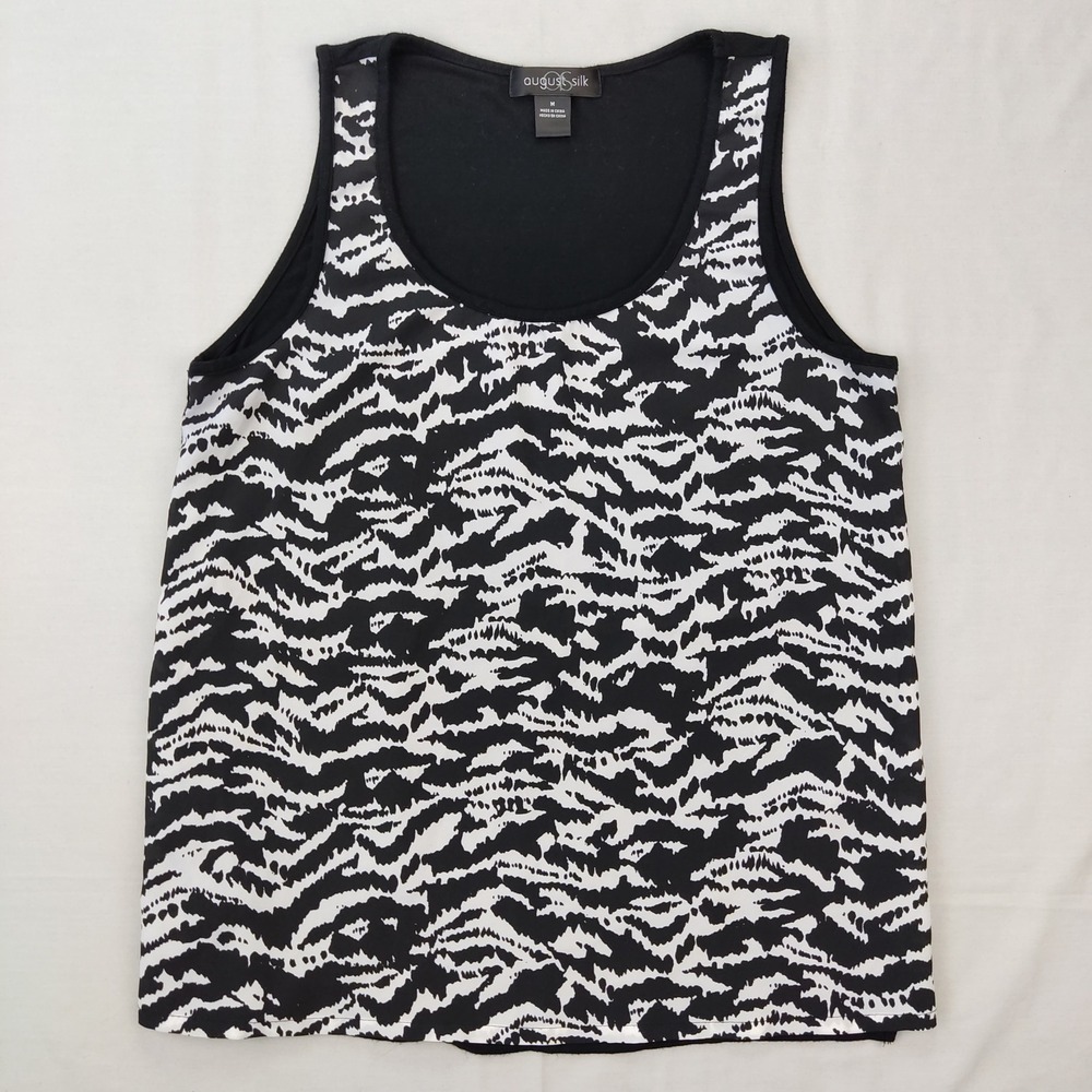 August Silk Tank Top Women Medium Black White Animal Print Scoop Neck Sleeveless